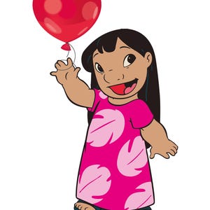May include: A cartoon illustration of a young girl holding a red heart-shaped balloon. She wears a pink dress with light pink leaf-shaped patterns and blue sandals. The girl has dark hair and a smiling expression.