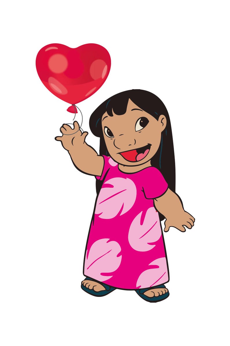 May include: A cartoon illustration of a young girl holding a red heart-shaped balloon. She wears a pink dress with light pink leaf-shaped patterns and blue sandals. The girl has dark hair and a smiling expression.