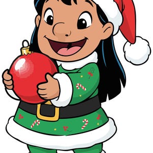 K&ouml;nnte beinhalten: Cartoon-Illustration eines l&auml;chelnden Charakters in einem gr&uuml;nen Weihnachtskost&uuml;m, der eine rote Kugel h&auml;lt. Das Outfit umfasst einen Weihnachtsmannhut, ein gr&uuml;nes Kleid mit Zuckerstangen- und Stechpalmenakzenten, einen schwarzen G&uuml;rtel und rote Stiefel.