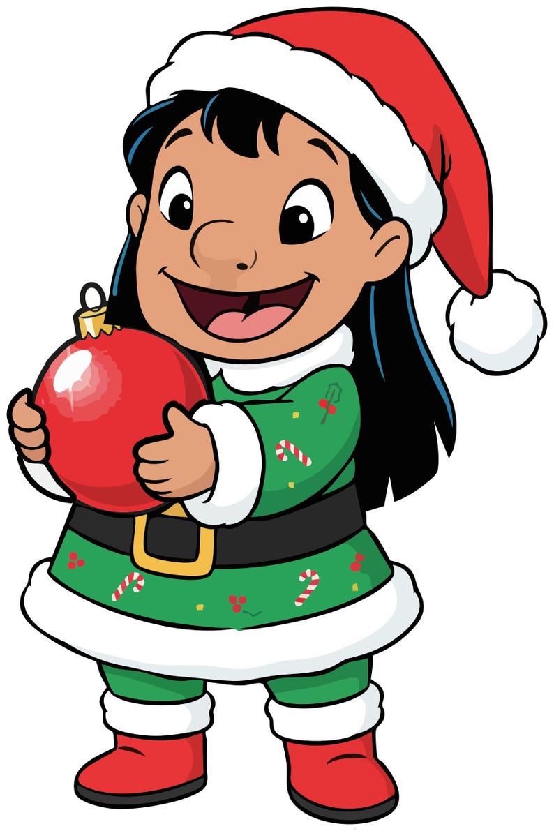 K&ouml;nnte beinhalten: Cartoon-Illustration eines l&auml;chelnden Charakters in einem gr&uuml;nen Weihnachtskost&uuml;m, der eine rote Kugel h&auml;lt. Das Outfit umfasst einen Weihnachtsmannhut, ein gr&uuml;nes Kleid mit Zuckerstangen- und Stechpalmenakzenten, einen schwarzen G&uuml;rtel und rote Stiefel.