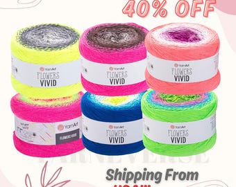YARNART FLOWERS VIVID - Multicolor Knitting Yarn, Summer Yarn, Crochet Shawl Yarn, Cake Yarn, Neon Colors, 55% Cotton, 8.80 Oz, 1093.60 Yds