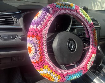 Crochet Sunflower Steering Wheel Cover: Colorful Granny Square, Cotton Yarn