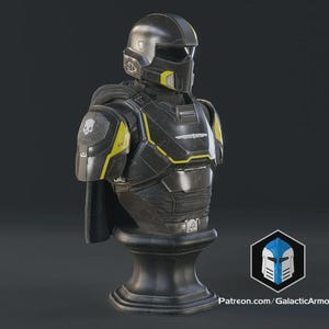 May include: A black and yellow futuristic helmet and chest armor bust. The armor has yellow accents and a skull emblem on the shoulder. The bust is mounted on a black pedestal. The text "Patreon.com/GalacticArmory" is visible.