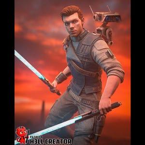 Könnte beinhalten: Eine digitale Illustration eines Charakters aus einem Science-Fiction-Franchise, der zwei leuchtende blaue Lichtschwerter hält. Die Figur trägt ein grau-blaues Outfit mit einem kleinen Droiden auf dem Rücken. Der Hintergrund ist feurig orange und rot.