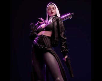 Tactical Sister Statue - Cyberpunk Nun Figure with Weapons | Maximum Detailed 16k Resin Printed Figure