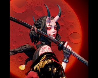 Japanese Demon Maiden Oni Handmade Sculpture | Maximum Detailed 16k Resin Printed Figure
