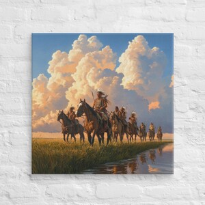 May include: A painting depicting a group of Native American people riding horses through a grassy field. The sky is filled with large, fluffy clouds. The horses are brown and white, and the riders are wearing traditional clothing.