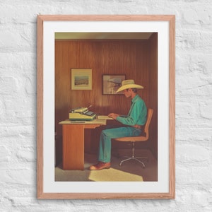Stampa incorniciata "WESTERN WORDSLINGER", stampa da parete con scrittore cowboy, decorazione da ufficio retrò anni '80, stampa artistica con macchina da scrivere vintage, regalo con estetica western