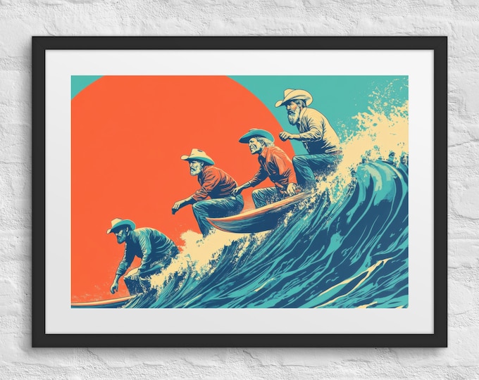 HIGHWAY SURFERS Framed Western Poster, Highwaymen Art, Coastal Cowboy Decor, Kris Kristofferson, Johnny Cash, Waylon Jennings, Willie Nelson