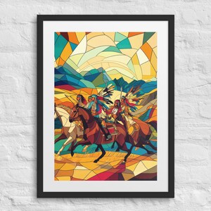 May include: A stained glass style illustration of four Native American figures riding horses. The figures are wearing colorful headdresses and clothing. The background is a colorful abstract design.
