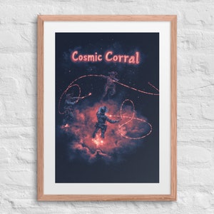 Stampa incorniciata COSMIC CORRAL Western, decorazione murale da cowboy al neon, decorazione da rodeo fantascientifica, regalo d'arte spaziale, vecchio West vintage, cowboy spaziale, stampa Yeehaw