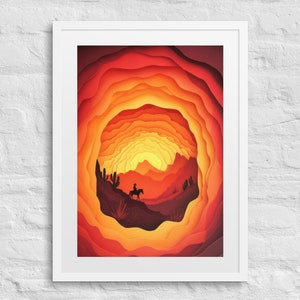 SUNSET SILHOUETTE Gerahmter Western-Druck, lebhafte Kunst des Südwestens, Geschichteter Papierschnitt, New Mexico Landschaft, Cowboy-Hut, 4K-Dekor, alter Westen Poster