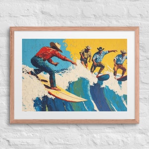 PARTY WAVE - Stampa Western incorniciata, Stampa artistica di cowboy costieri, Cowboy surfisti, Arte delle onde dell'oceano, Decorazione western, Paesaggio costiero, Dipinto a olio