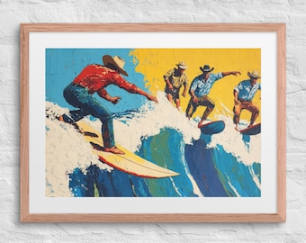 PARTY WAVE - Stampa Western incorniciata, Stampa artistica di cowboy costieri, Cowboy surfisti, Arte delle onde dell'oceano, Decorazione western, Paesaggio costiero, Dipinto a olio