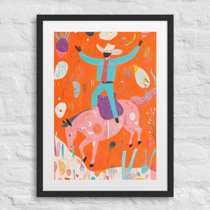 BUCKING BRONCO BLUES Stampa Western incorniciata, Arte Western astratta, Cowboy e Bronco, Decorazione murale colorata, Stile Picasso, Decorazione murale Western