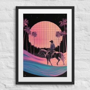 NEON RIDER Western-gerahmter Druck, Steampunk Cowboy-Druck, Neon-Sonnenuntergang, Retro Western-Wandkunst, ästhetischer Druck der 80er Jahre, Old West Art, Palmen