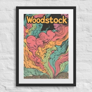 Póster de concierto vintage enmarcado de WOODSTOCK GROOVY, arte de concierto psicodélico, decoración de pared para festival de música de los años 60, regalo hippie, decoración para amantes de la música