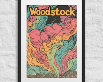 Póster de concierto vintage enmarcado de Woodstock Groovy, arte psicodélico de concierto, decoración de pared para festivales de música de los años 60, regalo hippie, decoración para amantes de la música.