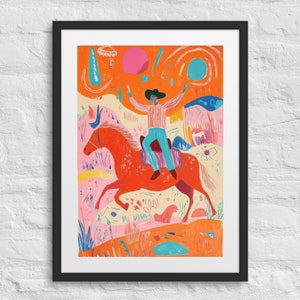 Stampa western incorniciata SIDEWINDER, stampa equestre dinamica, cowboy a cavallo, ispirata a Picasso, arte del selvaggio West, decorazione da parete del deserto, arte del vecchio West