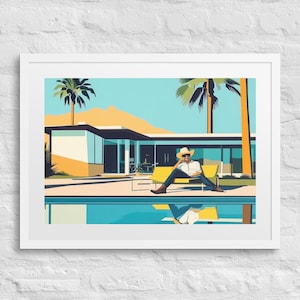 Poster Boho con cornice "POOLSIDE GUNSLINGER", stampa moderna West, arte cowboy costiera, Art Déco di Palm Springs, decorazione murale moderna di metà secolo, deserto