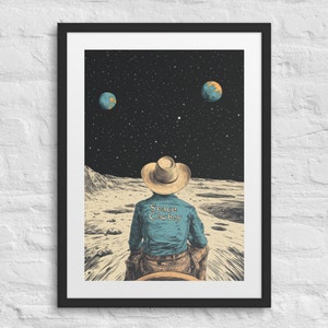 SPACE COWBOY Poster Western incorniciato, Decorazione fantascientifica western, Arte futuristica retrò, A cavallo sulla luna, Cavaliere cosmico, Arte da cowboy costiero