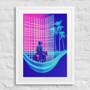 CONTRA COWBOY Stampa incorniciata Western, Arte murale Vaporwave, Stampa tramonto neon, Decorazione Western retrò, Stampa Synthwave, Palme e deserto