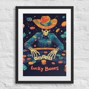 LUCKY BONES Stampa Western Vintage con Cornice, Arte Murale di Las Vegas, Teschio da Cowboy Neon, Decorazioni da Casinò Vintage, Poster di Sin City, Poster di Old Vegas