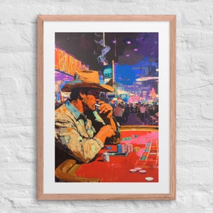 Impression western néon NUITS encadrée, art mural Vegas vintage, scène de casino néon, tireur d'élite art déco, impression inspirée du Hockney, art cowboy classique