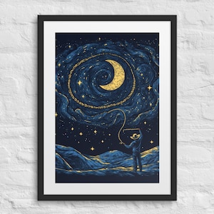 LASSO THE MOON Gerahmter Western Druck, Cosmic Cowboy Design, Escher-inspirierte Kunst, Dream Big Decor, Sternenhimmel, Vollmond Print, Retro