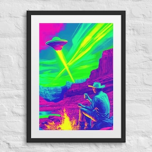 Stampa incorniciata "COSMIC COFFEE BREAK" con UFO, decorazione fantascientifica retrò, incontro tra cowboy e UFO, cielo notturno nel deserto, stampa al neon, arte con dischi volanti, X-Files