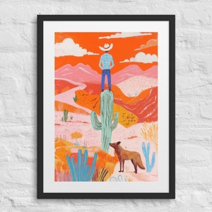KAKTUS COWBOY Gerahmtes Western Poster, Wüsten Cowboy Kunst, Kaktus Szene, Pastell Wandkunst, Koyoten Druck, Western Wohndekor, Alter Westen Druck