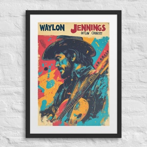 Póster de concierto enmarcado de WAYLON JENNINGS, impresión artística vintage de música country, decoración de pared de los años 70, The Highwaymen, Waylon Art, arte de música country