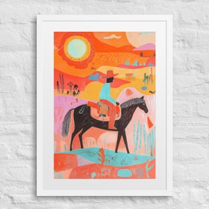 Stampa incorniciata "CUBIST COWBOY", vivace arte western, cowboy a cavallo, ispirato a Picasso, scena nel deserto, arte del sud-ovest, arte cowboy