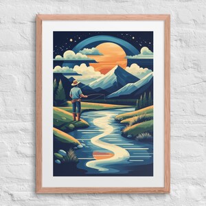 Stampa incorniciata MONTANA MOON Western, decorazione murale per la pesca a mosca, stampa artistica da cowboy, scena del fiume Montana, stile Art Déco, colori pastello, arte del vecchio West