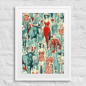 DESERT DAMES Gerahmter Vintage-Western-Druck, Cowboys & Büffel-Druck, Retro-Western-Design, Southwest-Wandkunst, Musterdruck, Kaktuskunst