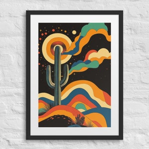 SAGUARO SWIRL Kaktus gerahmter Druck, Psychedelische Wüstenkunst, Groovy, 60er Jahre Retro Wüstenvibes, Trippy-Druck, Gemälde von Southwestern, Boho
