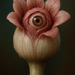 Puede incluir: Una escultura surrealista de una flor con un ojo humano en su centro. Los pétalos son de un rosa suave, veteados de rojo, rodeando un iris marrón. El tallo es de un verde pálido, con gotas de agua.
