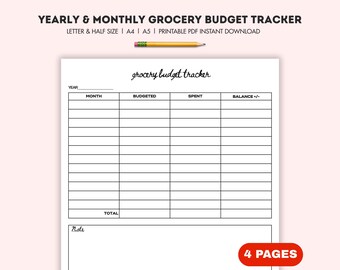 Grocery Budget Tracker Monthly and Yearly, Grocery List Set Kitchen, Kitchen Planner, Budget Plananer Food Buddget Grocery Budget Tracker