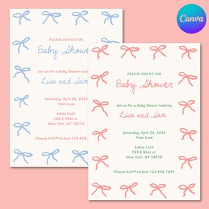 Schöne Baby-Dusche-Einladung bearbeitbare Canva Vorlage Ballett-Core Romantische Party Ästhetische Karte Bogen Design Junge Baby Shower Mädchen-Baby Shower