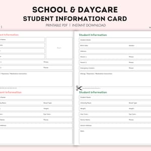 Carte d'information pour les élèves de la garderie scolaire Fiche d'information sur l'enfant Carte d'information simple et efficace pour l'école, la garderie, la baby-sitter et la nounou