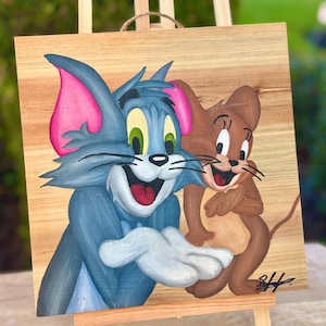 Original Hand Painted Wood Slice | Tom and Jerry |  , Kids ,Kids Bedroom, Wood Painting, Wood Slice,