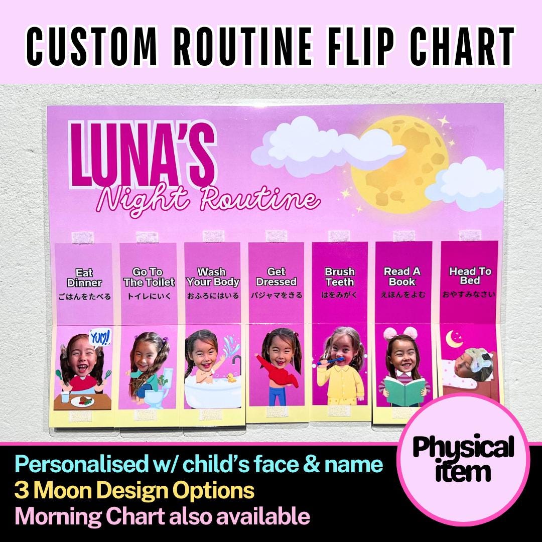 Personalised Bedtime Routine Chart Personalised Bedtime Routine Flip Chart for Kids — Pink Yellow Gradient ...