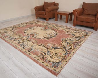 Oushak Rug 7x10,Vintage Turkish Rug,Large Area Rug,Oversize Oushak Rug,Muted Turkish Rug,Vintage Rug 7x10,Antique Rug,Wool Soft Rug,1078