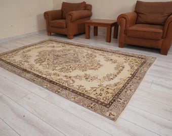 5x8 Rug, Turkish Vintage Rug, Oushak Rug, Neutral Wool Rug, Turkish Rug 5x8, Handmade Wool Rug,Vintage Area Rug,Farmhouse,Faded Rug 5x8,686