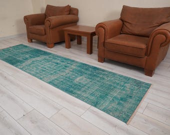 May include: A teal blue vintage runner rug with a distressed look. The rug is laid out on a white wood floor between two brown leather armchairs.