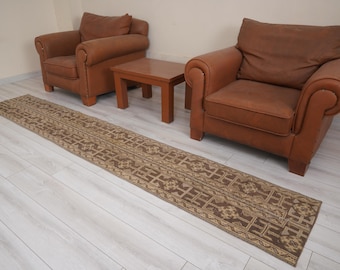 May include: A long, rectangular brown rug with a geometric pattern is laid on a light wood floor. Two brown leather armchairs and a small wooden table are in the background. The rug's design features repeating shapes and lines.