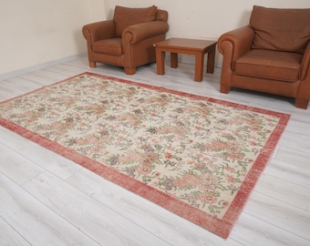 Tapete turco Oushak feito à mão em lã desbotada, 5x9, tapete anatólio floral discreto.