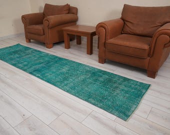 May include: A teal blue runner rug with a faded, distressed look. The rug is laid out on a light wood floor in front of two brown leather armchairs and a wooden coffee table.