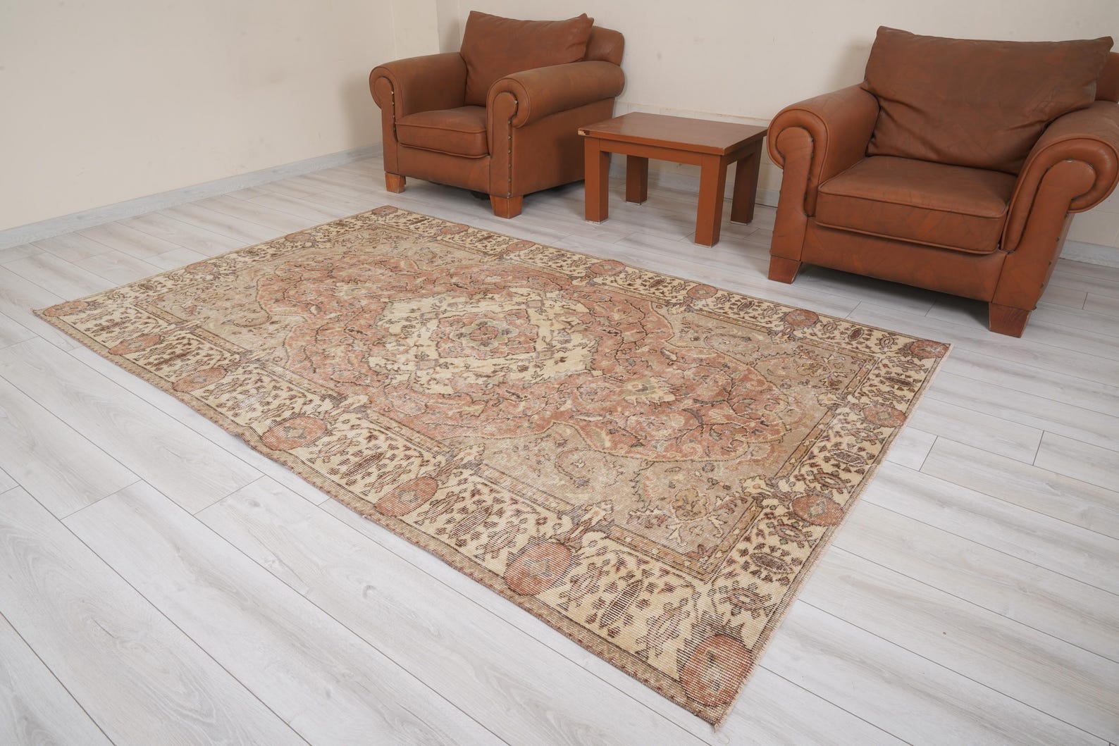 Vintage Faded Oushak Rug, Handmade Turkish Wool Cotton Area Rug