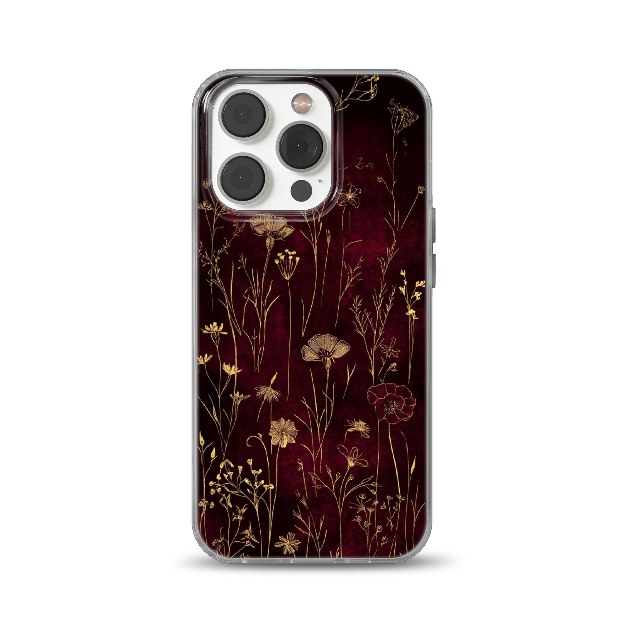 Wildflower Burgundy  Phone Case Gold Floral  cover fits iPhone 12 Pro, iPhone 16 Plus, Samsung S24, A53, S21, S23 Ultra, Google pixel 9,  6A
